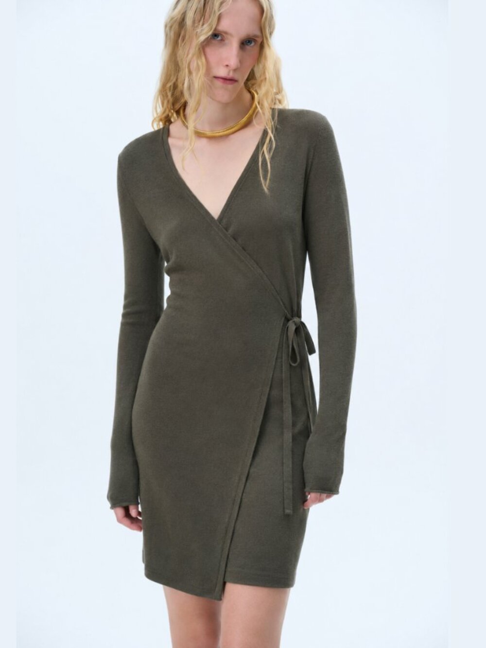 B.R. Viscose Knit Wrap Dress Olive Khaki Tie Waist Office